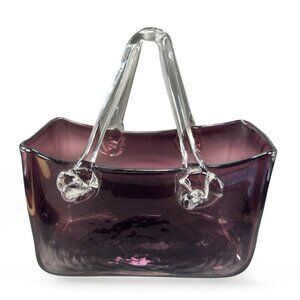 Vintage Amethyst Purple Hand Blown Glass Purse Bowl Dish With Clear Handles VTG